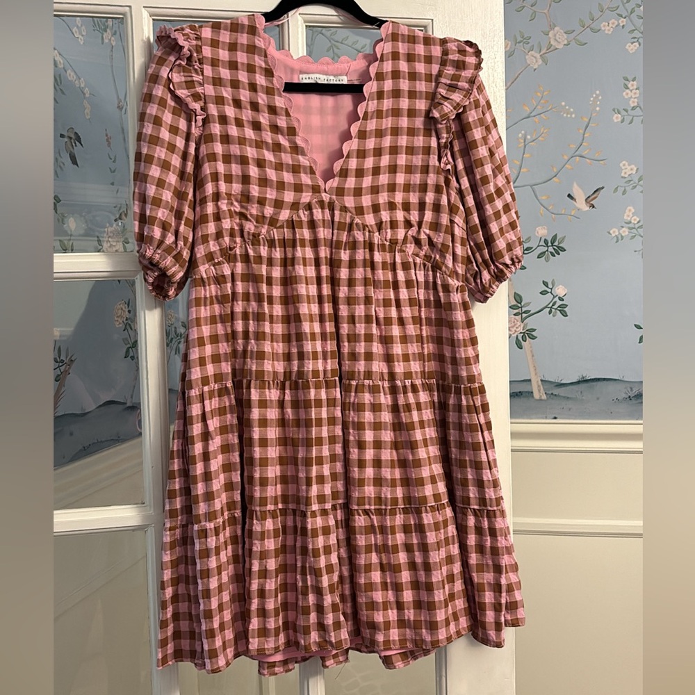 English Factory Pink and Brown Gingham Dress